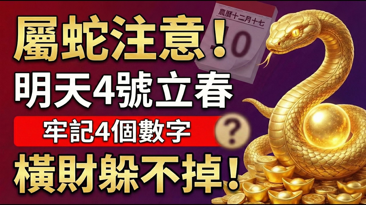 生肖蛇注意！明天2月4號「立春」！偏財星降臨，記住這4個數字，迎接你的橫財驚喜！#屬蛇2026運勢 #立春開運 #偏財運 #2026生肖蛇運勢 #橫財 #招財數字 #數字能量 #五行改運 #立春