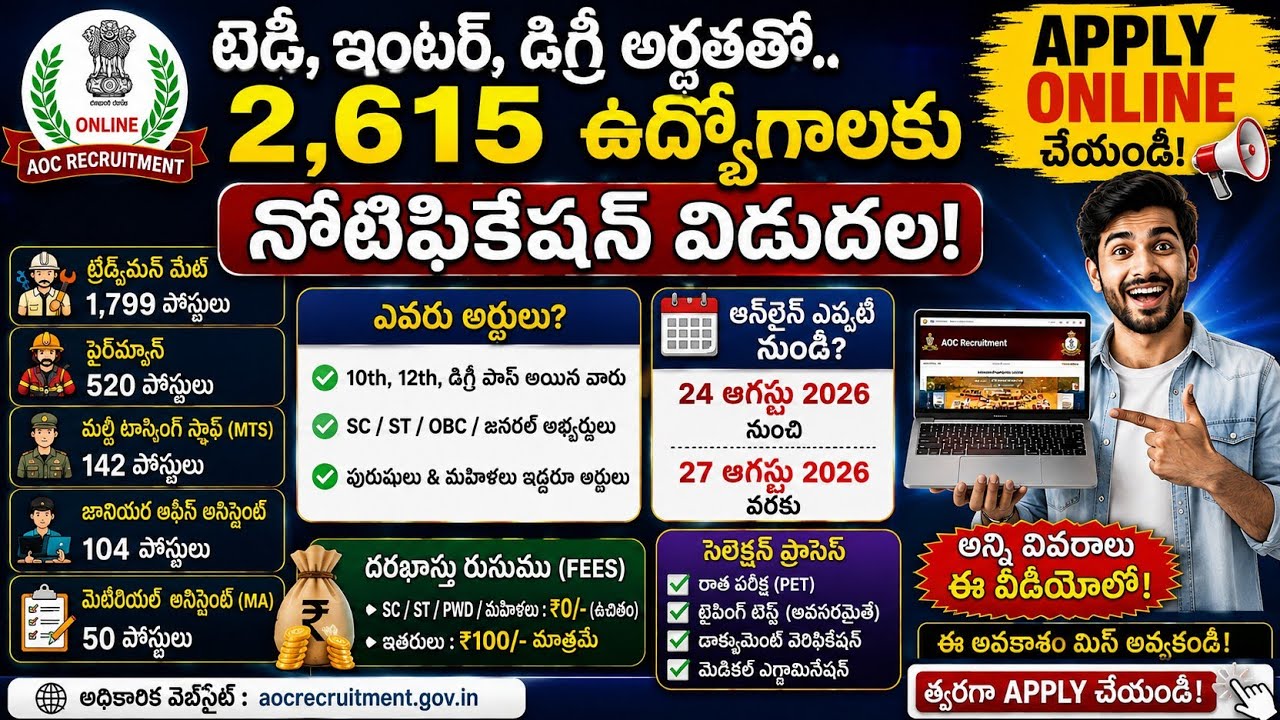 2615 ఉద్యోగాలు వచ్చాయి! 10th, 12th, Degree వారికి అవకాశం 🔥 AOC Recruitment 2026#aoc