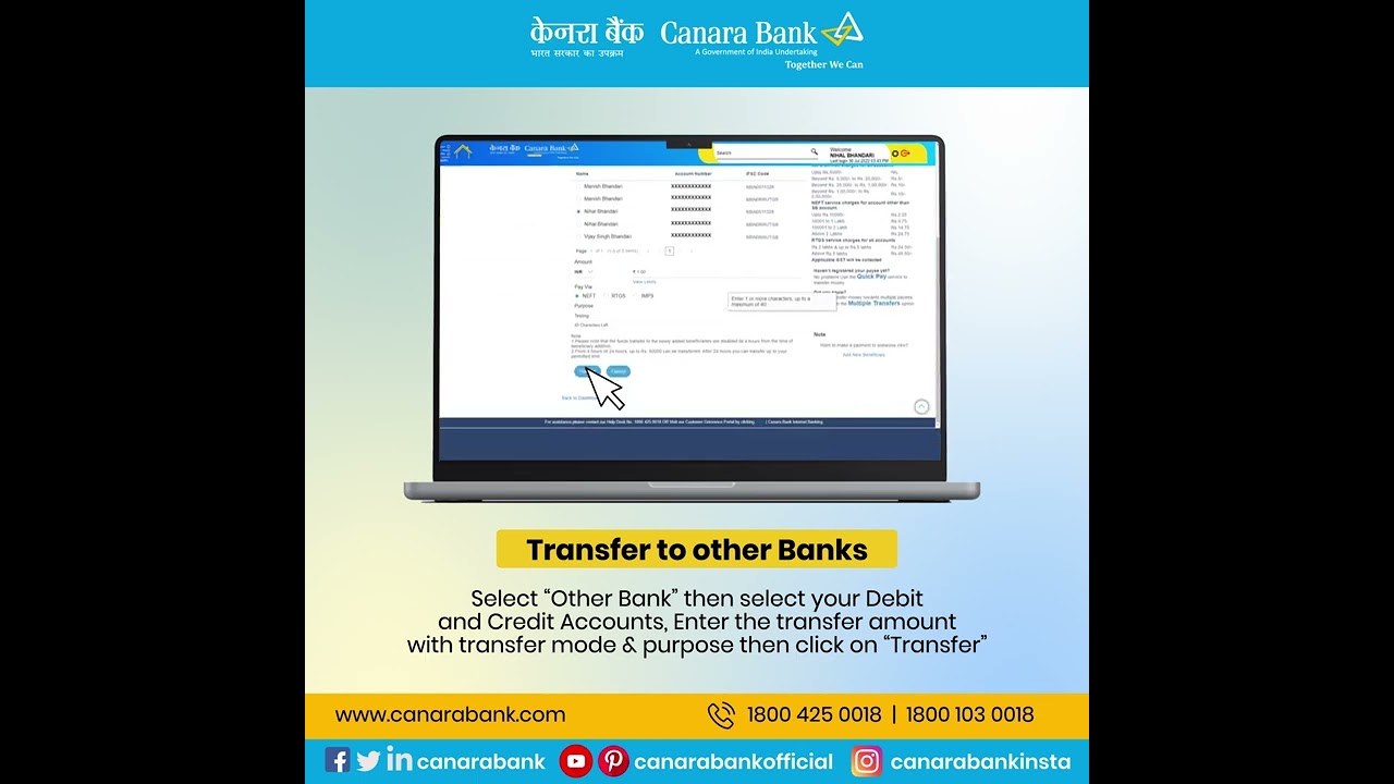 Canara Bank | Fund Transfer Tutorial to other banks