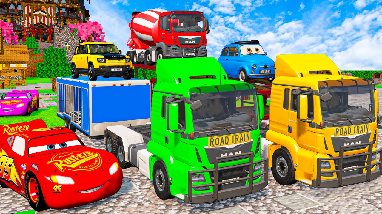 Flatbed Trailer Truck Rescue - Cars vs Rails and Train - Cars vs Massive Water Pit | BeamNG Drive