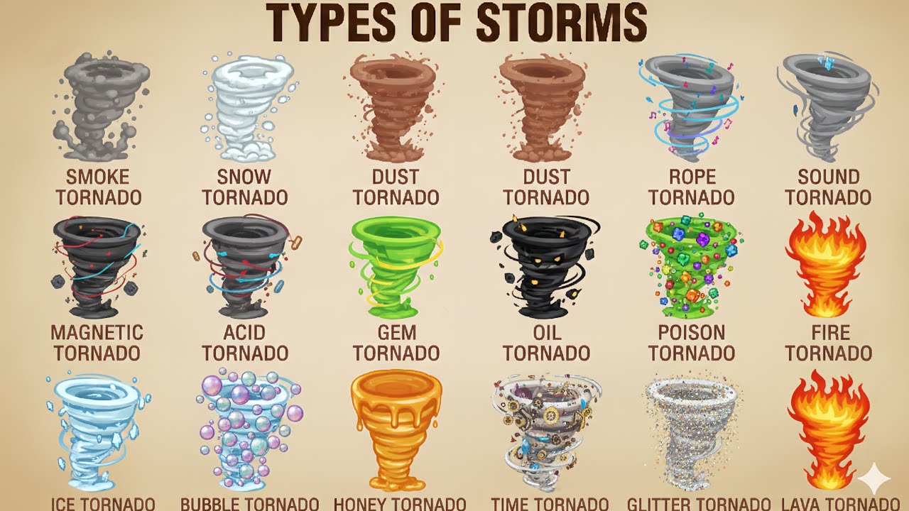 15 Types of Tornadoes Poster | Smoke, Fire, Lava, Ice & Fantasy Storms Illustration 2026