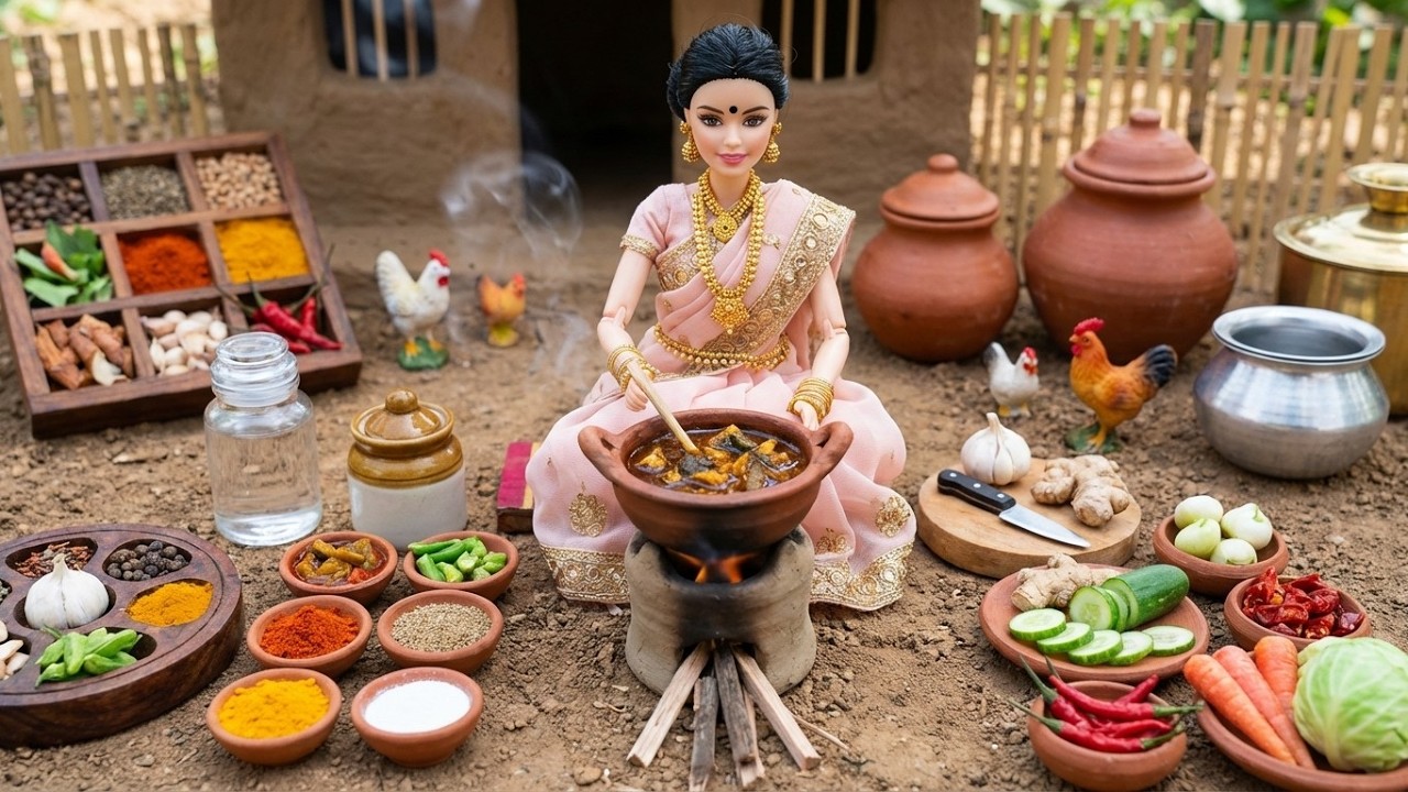 Miniature Indian Doll Cooking in Village Kitchen | Tiny Spices & Clay Stove ASMR