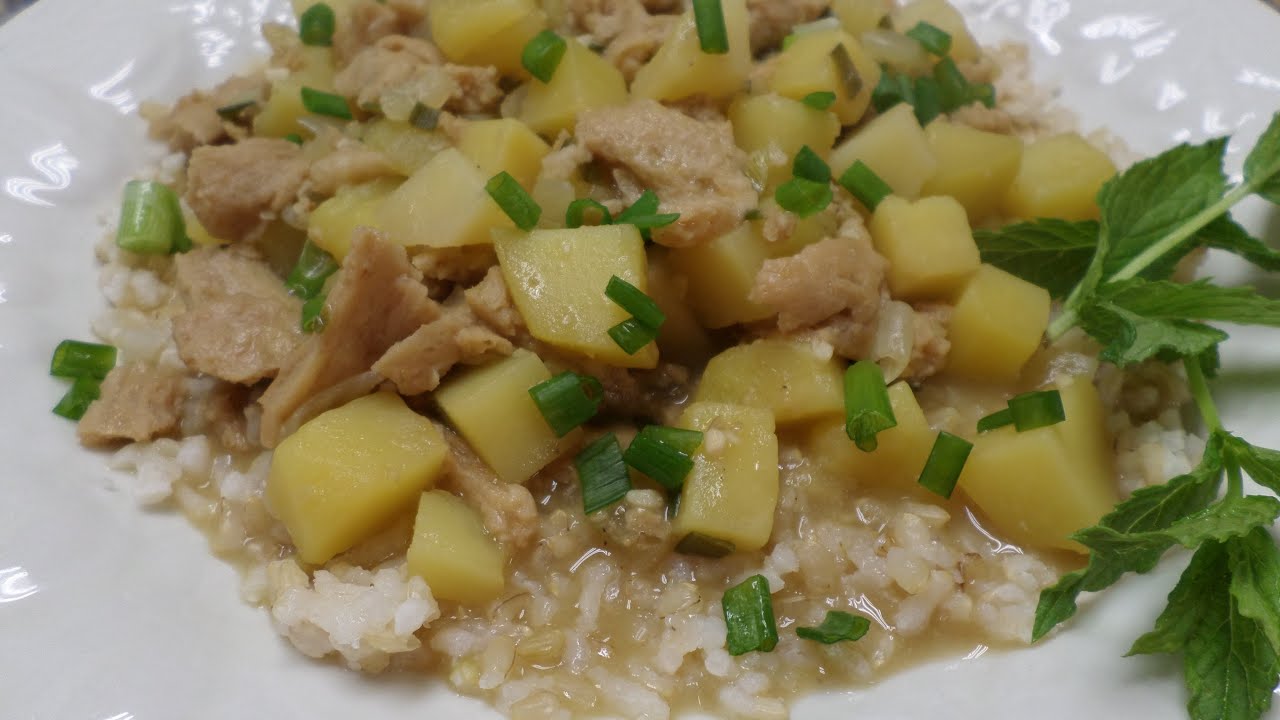 Potatoes & Soy Curls over Rice, Vegan Cooking Show by Kyong Weathersby, Gluten-free, Oil-free