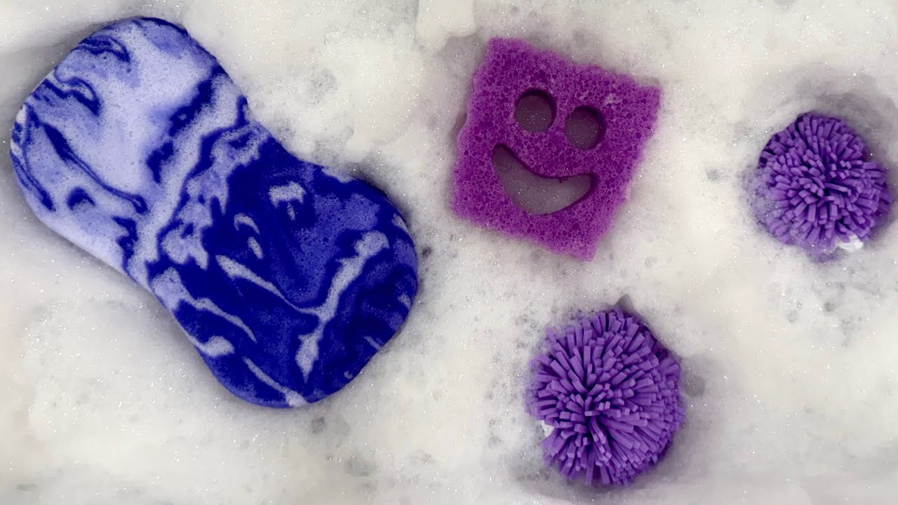 SUDSY RINSE💜💜💜💜NEW Sponges + F. Softener. #asmr #spongerinse #spongesqueeze #satisfying #soapy 