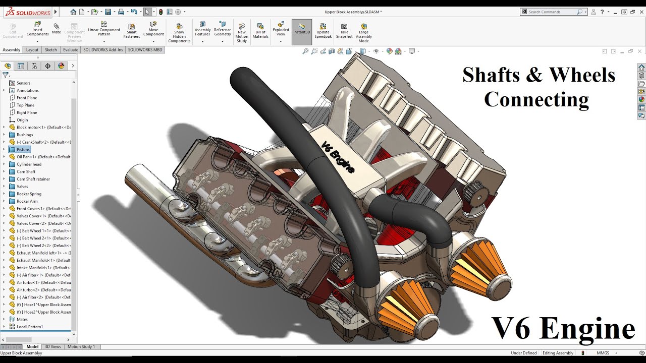 Shafts & Wheels Connecting V6 Engine Assembly! SolidWorks Tutorial 2021! Learn from homee :D