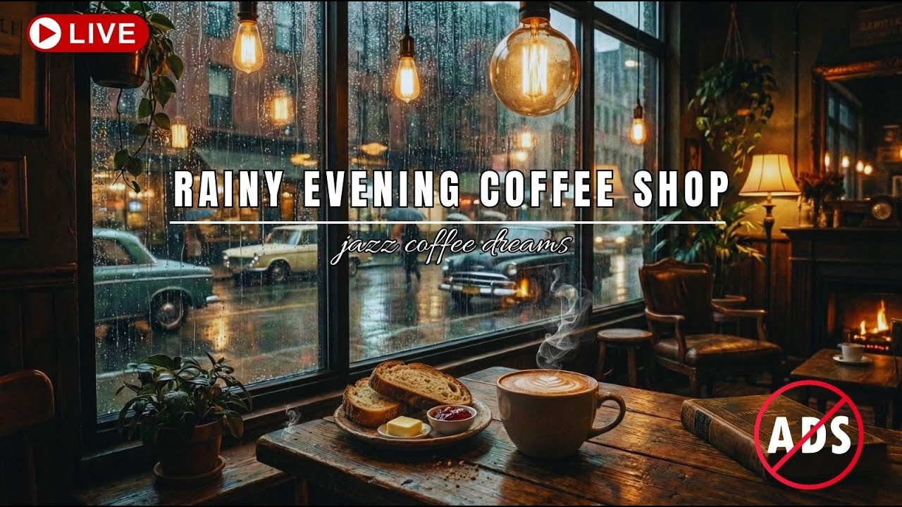 🔴 LIVE Rainy Evening Coffee Shop Ambience 🌧️ Warm Lights, Smooth Jazz & City Rain