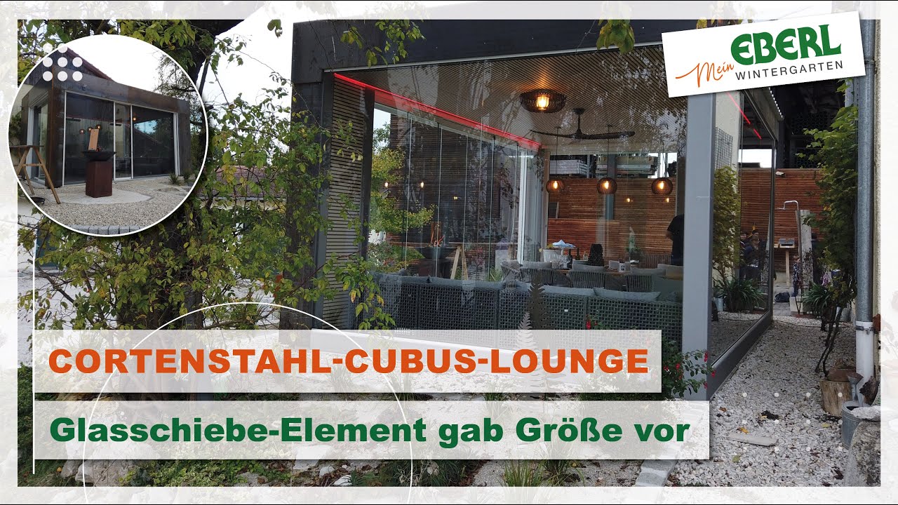 #150 | Cortenstahl-Cubus-Lounge | Sommergarten an vorhandenes Glasschiebe-Element angepasst