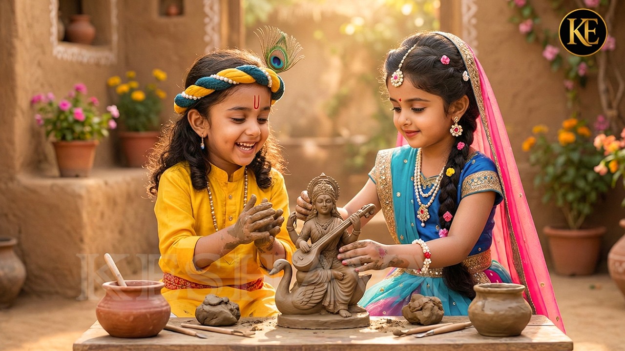 बाल कान्हा और राधा ने बनाई माँ सरस्वती की सुंदर मूर्ति || मैया यशोदा का नंदलाला ||  Shree Krishan