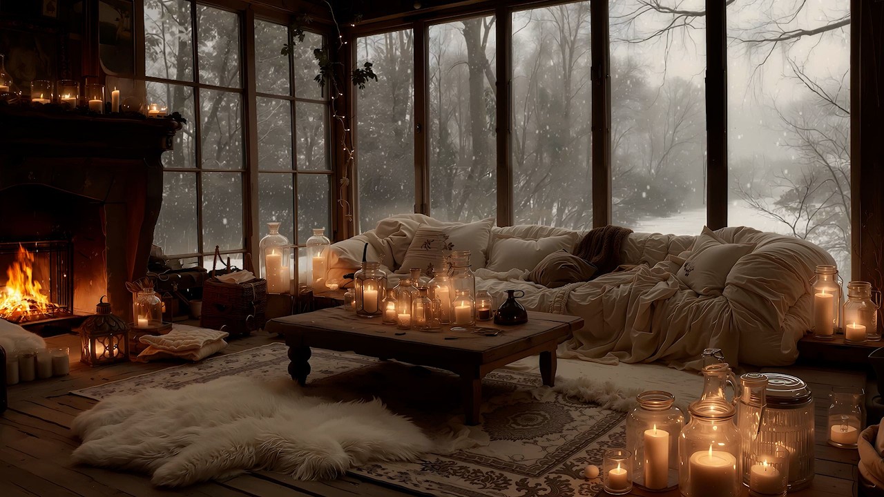 Cozy February Winter Night in the Forest ❄️ Relaxing Piano & Crackling Fireplace for Work & Focus