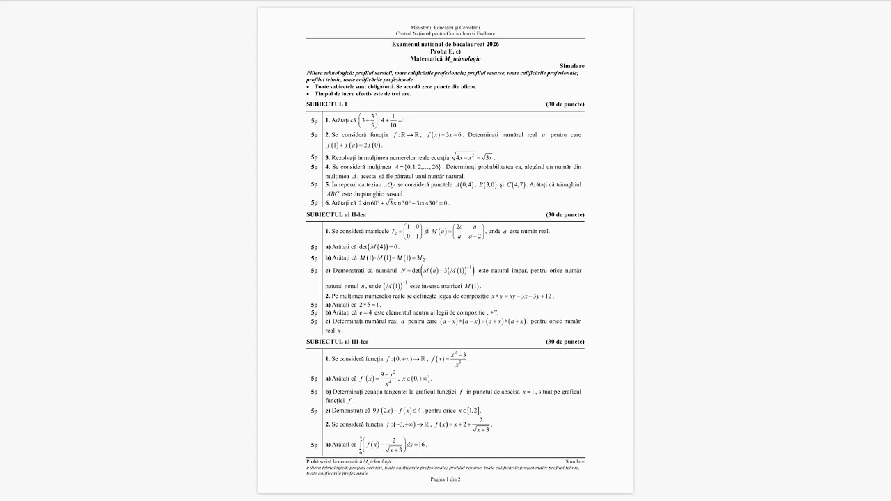 Simulare Bacalaureat 2026 - Tehnologic