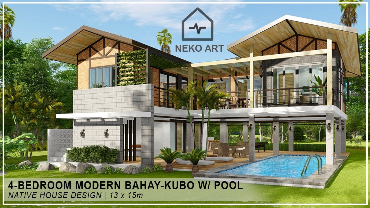EP- 74 | 4 BEDROOM ELEVATED NATIVE HOUSE with POOL | Modern Bahay-Kubo House Design 13x15 | NEKO ART