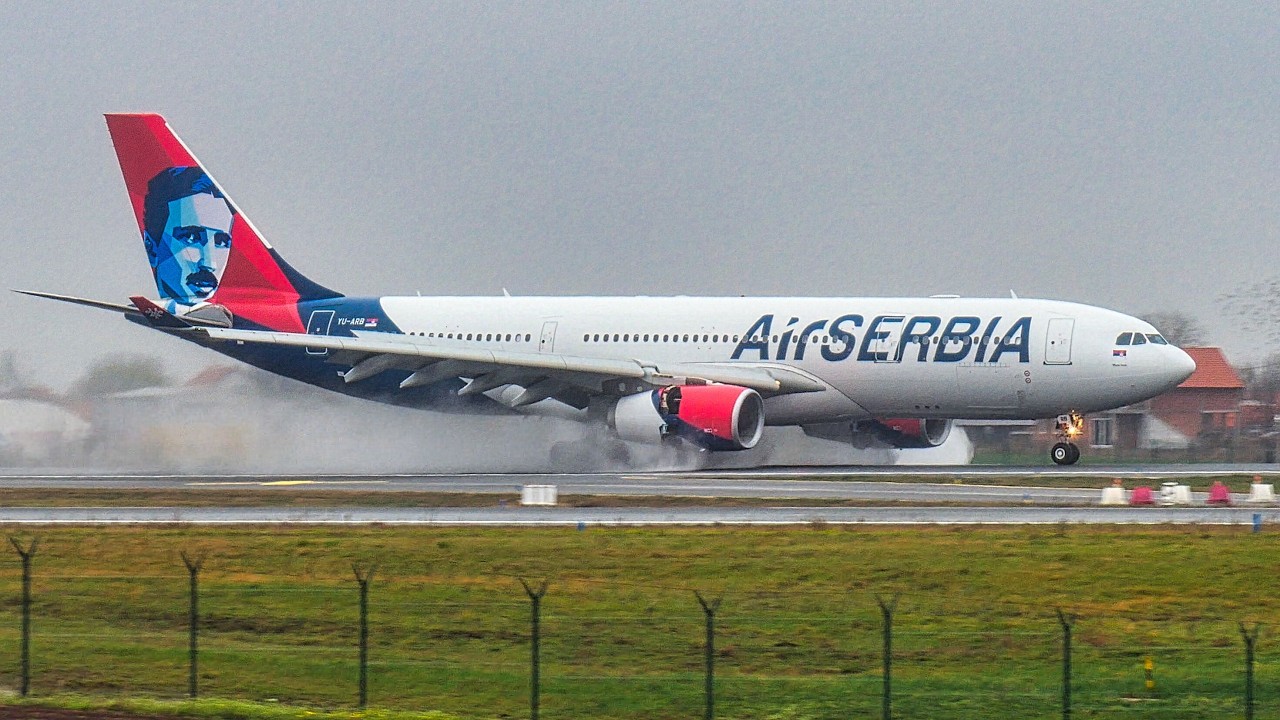 AirSERBIA Airbus A330 'Nikola Tesla' Livery WET RUNWAY Landing & Takeoff at Belgrade