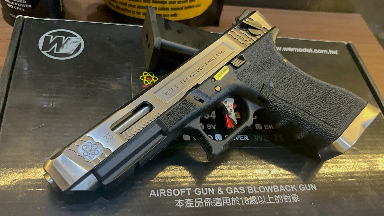 WE Airsoft Glock 35 Force Series Silver Slide unboxing and testing