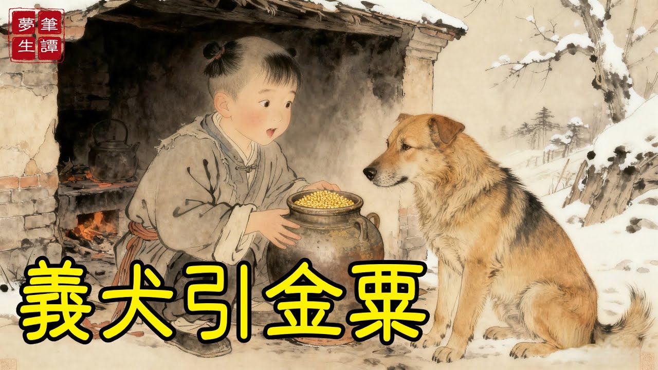 寒冬雪深，流浪乞儿蹲卧村口破屋，分半块馍给一老黄狗，当夜梦狗引至废灶下，掘出一只古旧陶瓮，内盛金灿灿粟米，粒粒如新，竟三月不竭！#故事#民間傳說#奇遇#報恩#原創故事