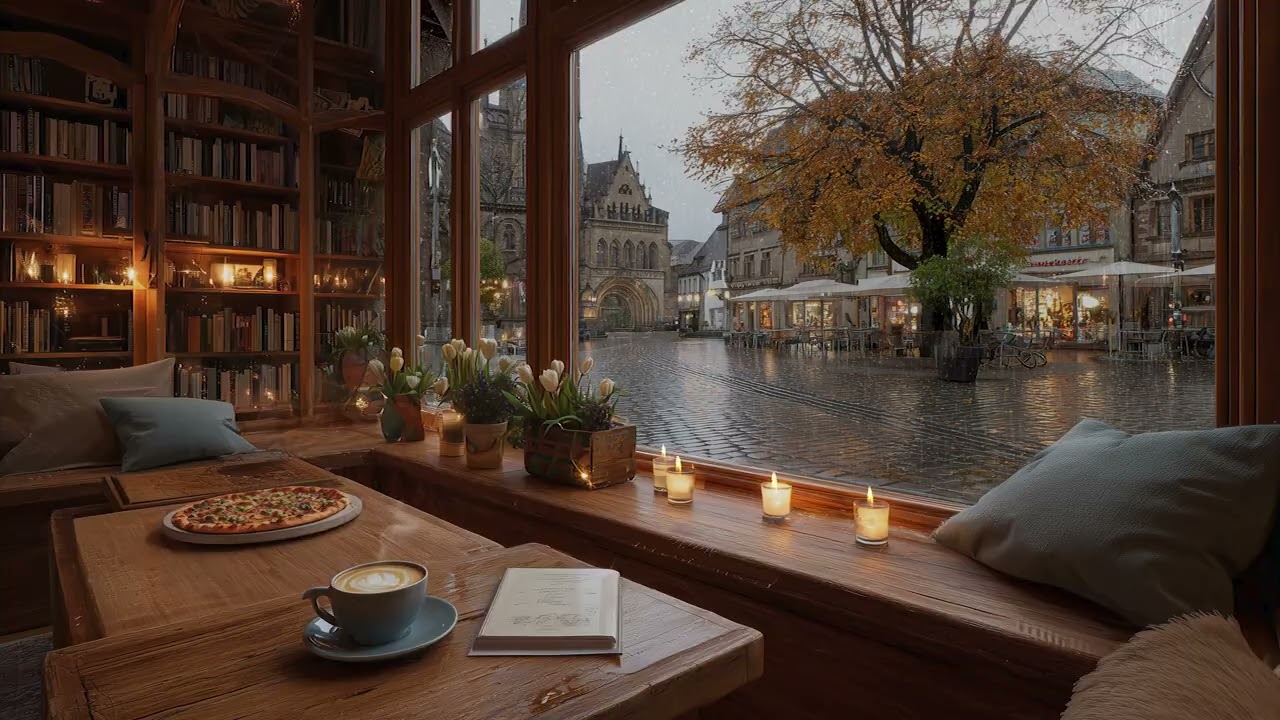 Cozy Library Café on a Rainy Day | Window Rain Sounds for Deep Relaxation