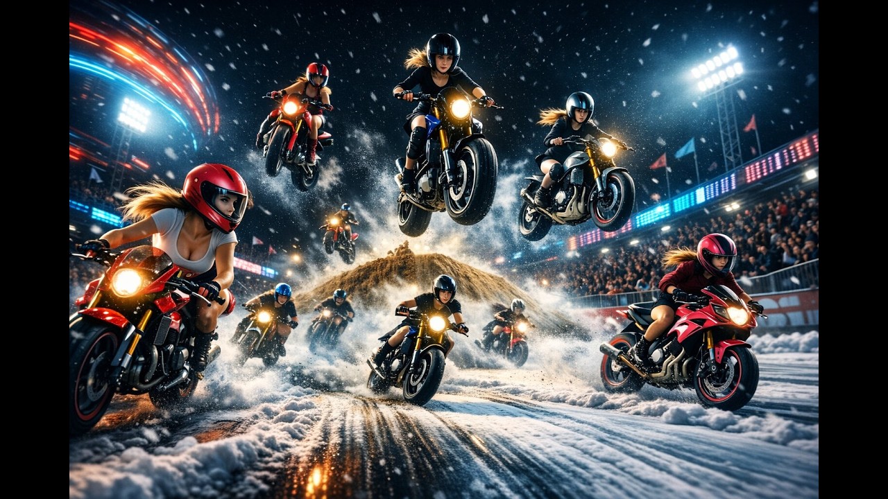 Female Motorcycle Road Race Challenge | Extreme Midnight Snow Street Racing