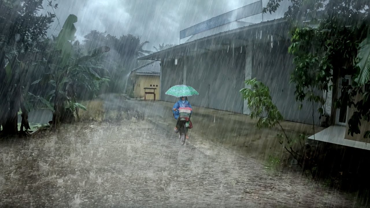Walking Through Heavy Rain Storm with Strong Wind and Thunder in Quiet Rural Village Night ASMR 4K