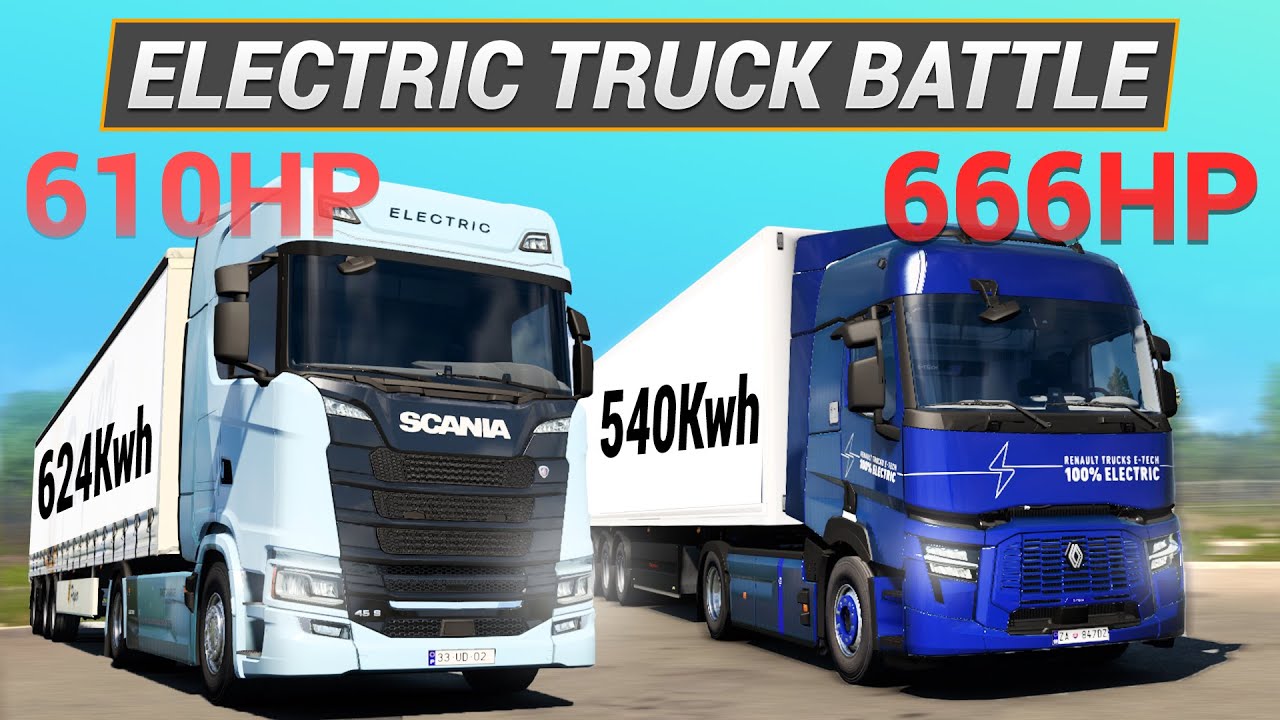 ETS2 Scania EV vs Renault EV Battery Range Test, Acceleration