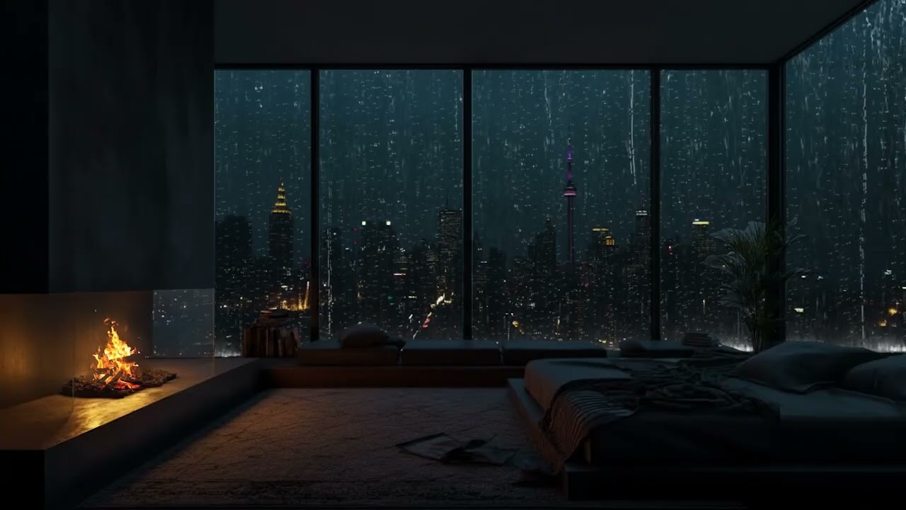 Luxury Penthouse at Night with Fireplace, Rainy City Skyline, and Cinematic Moody Atmosphere