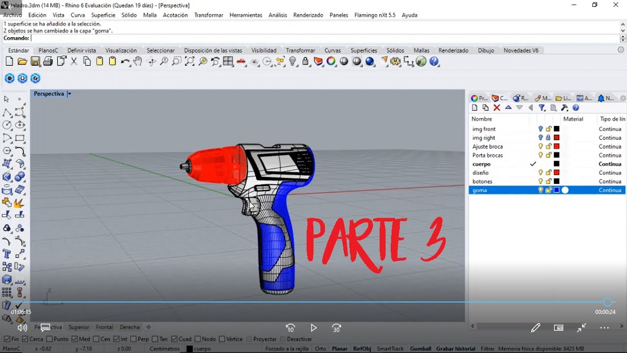 Modelado 3D "Taladro parte 3" en Rhinoceros
