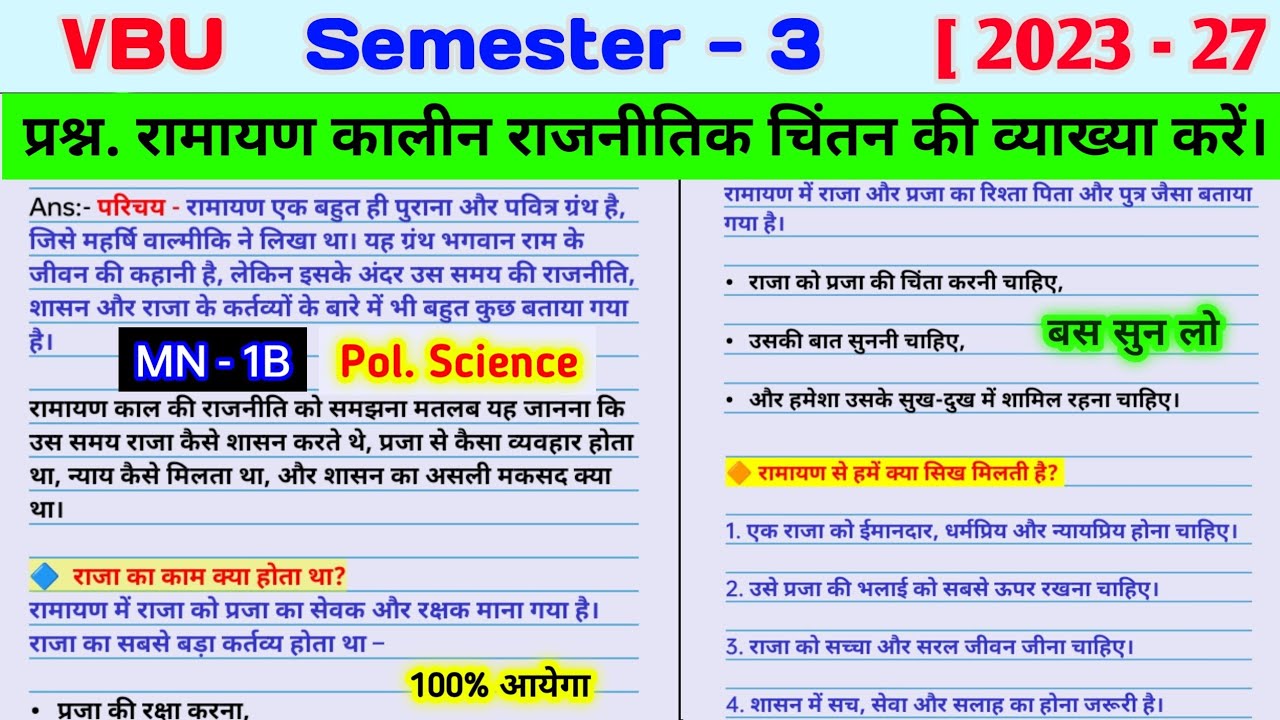 Ramayan kalin rajnitik Chintan ki vyakhya Karen l mn 1b political science sem 3 important questions