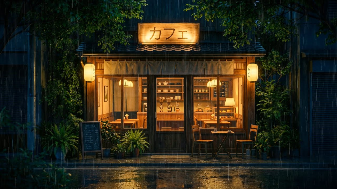 A Cozy Japanese Café in Gentle Night Rain 🌧️☕ - Relaxing Lofi Beats for Peaceful Midnight Study | 4K