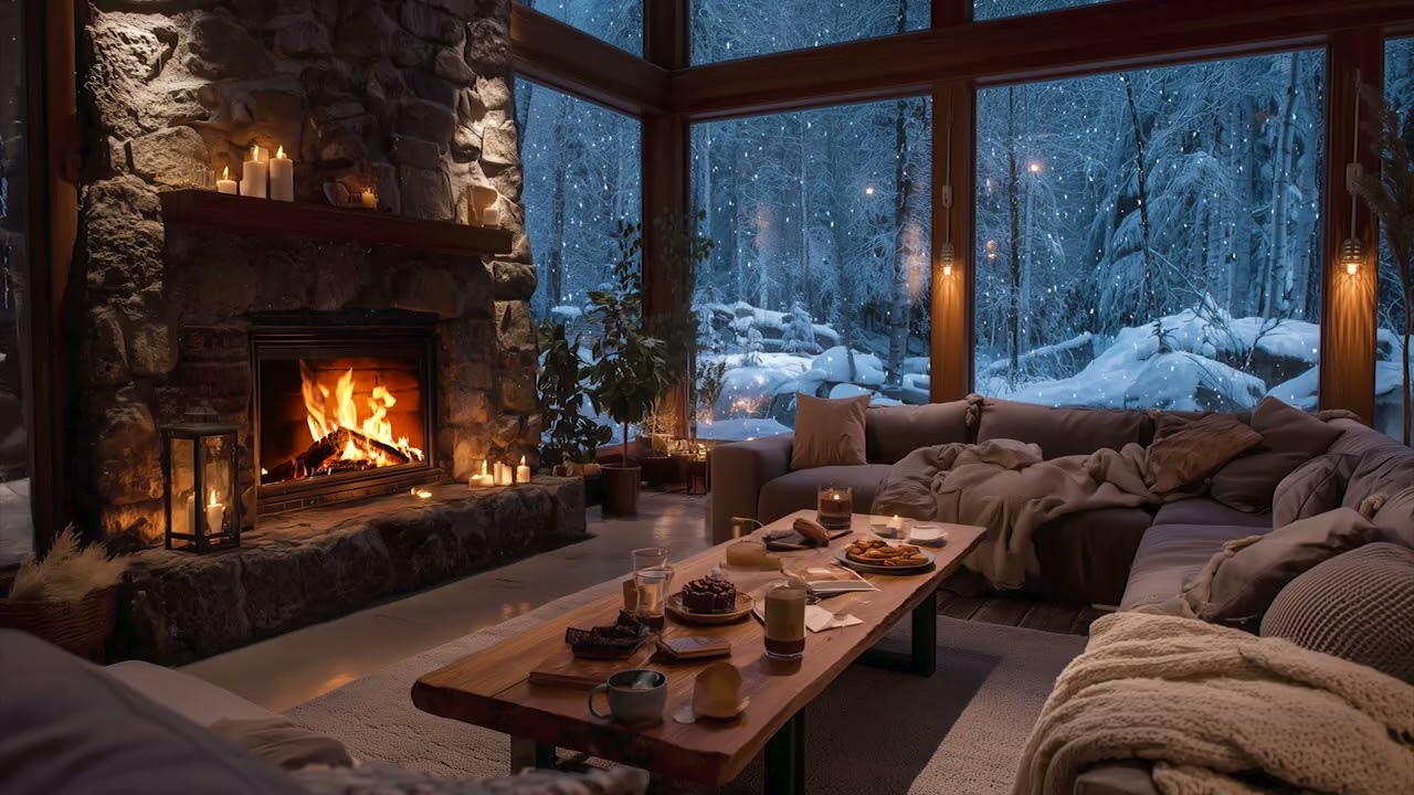 Winter Cabin by the Fireplace ❄️ | Soft Piano Music with Falling Snow for Focus and Deep Rest