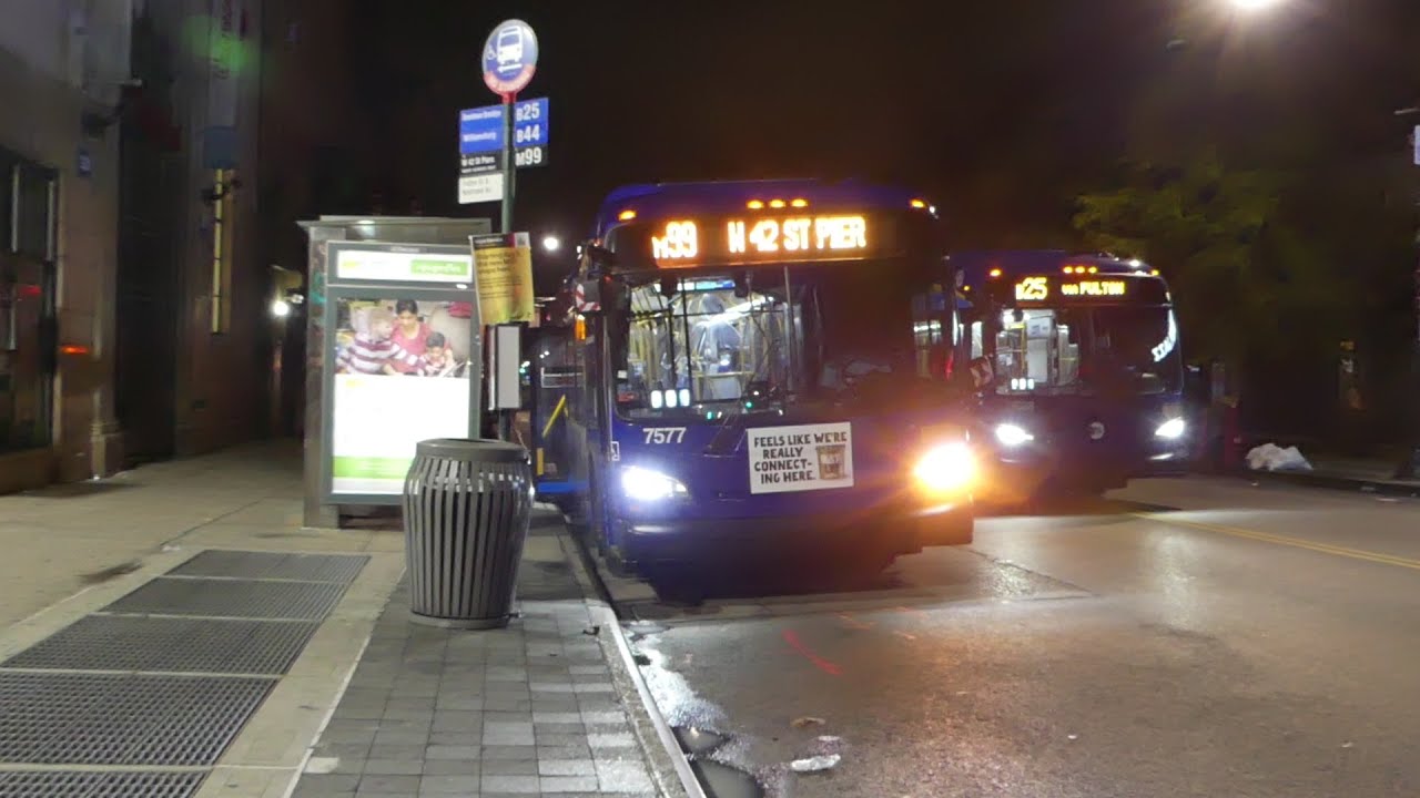 MTA NYCT Bus: 2018-19 New Flyer XD40 Xcelsior M99 & B25 Buses #7577 #7686 at Nostrand Ave (Night)