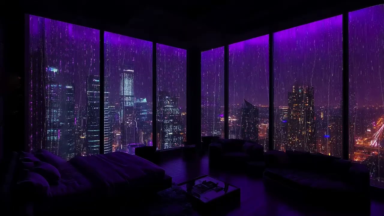 Luxury NYC Apartment at Night – Cozy Bedroom, Neon City Glow & Calm Rain Sounds