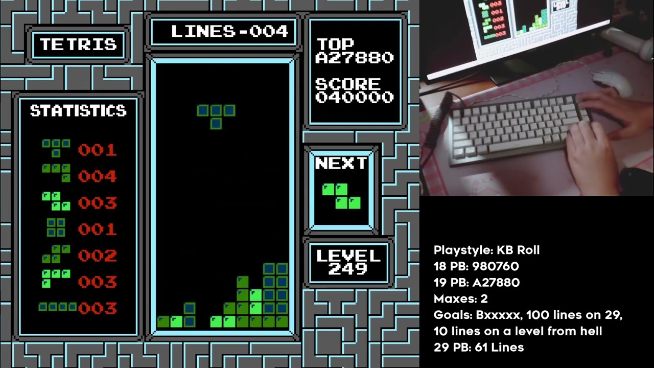NES Tetris - Level 249 Crash Dodge with Keyboard Roll