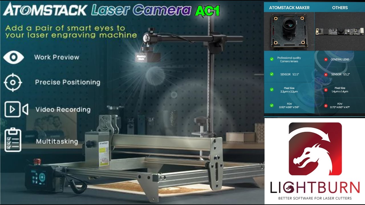 ATOMSTACK Maker AC1 LightBurn Camera for Laser Engraver, simple calibration and testing