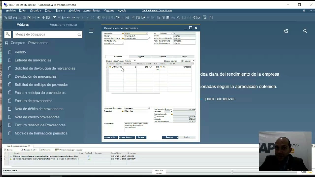 Devolucion de mercancia SAP Business One