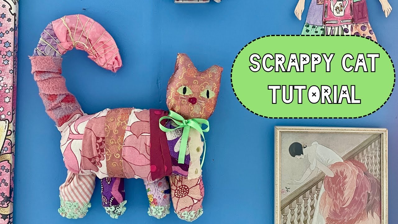 Scrappy Cat Tutorial + fabric scrap project making cat wall hanging!
