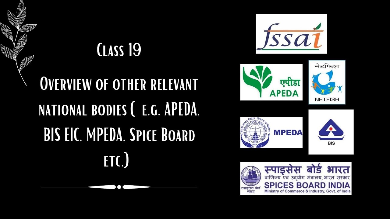 Class 19: Overview of other relevant national bodies (e.g. APEDA, BIS EIC, MPEDA, Spice Board etc.)