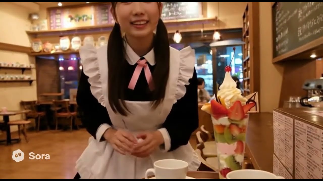 メイド喫茶でいろいろなメニュー頼んでみた--Sora2生成--