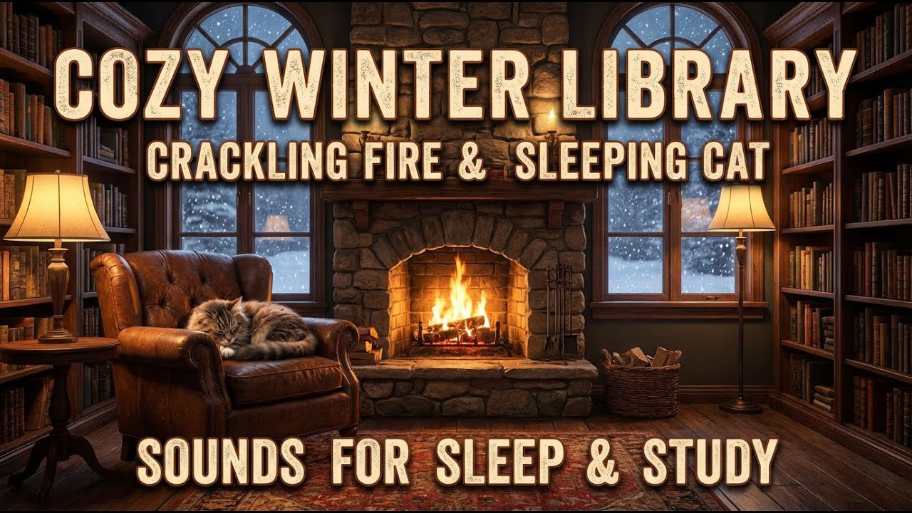 Cozy Winter Library Ambience with Crackling Fireplace & Sleeping Cat ❄️🔥 Sounds for Sleep & Study