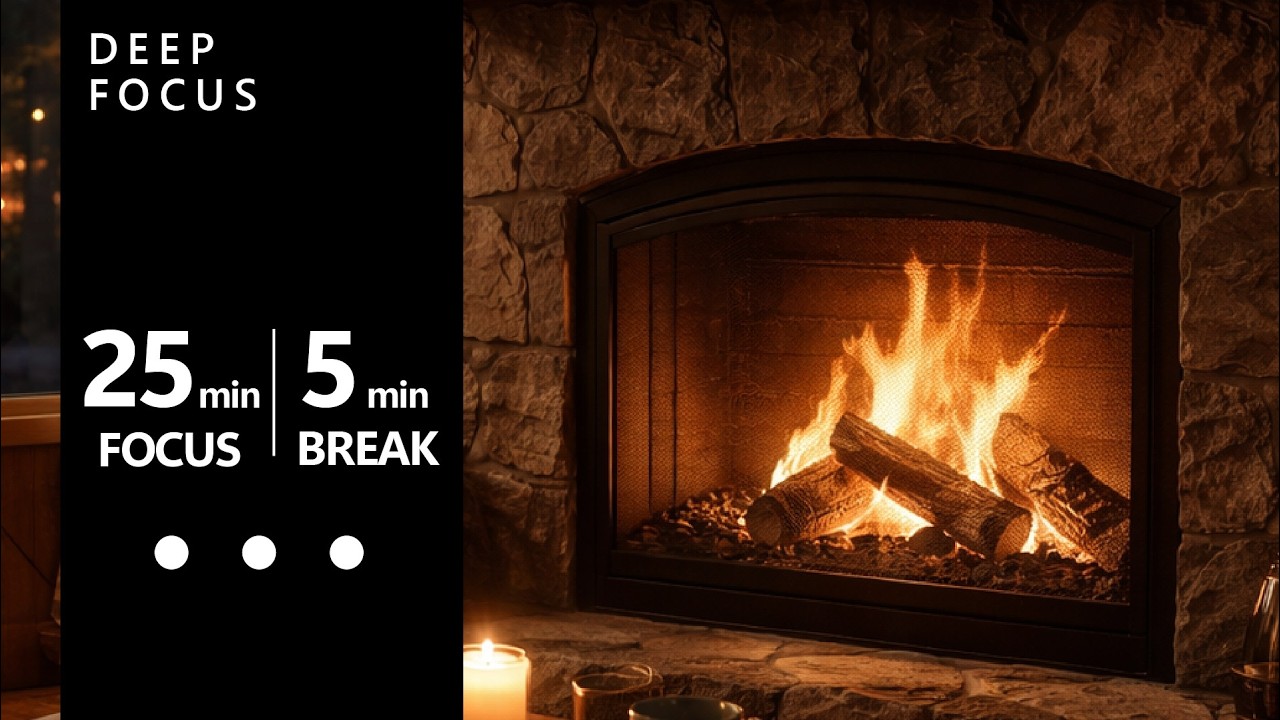 Fireplace Sounds | Study & Work Pomodoro (25/5 × 3) |  No Music