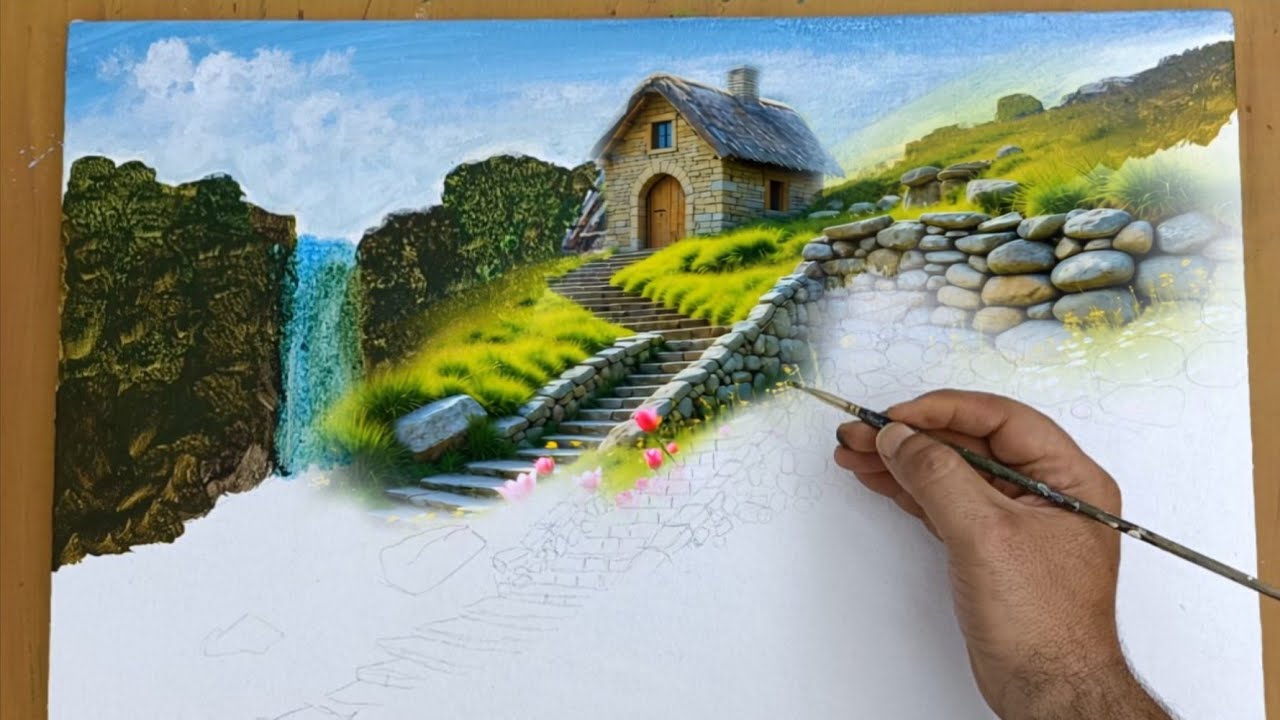 How to Paint Stairway to the House in Acrylics / Waterfall Landscape Tutorial