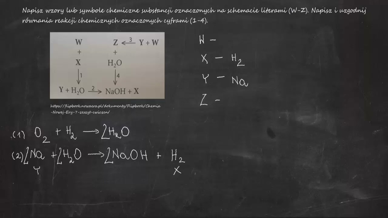 Napisz wzory lub symbole chemiczne substancji oznaczonych na schemacie literami (W-Z). W + X &rarr; H2O