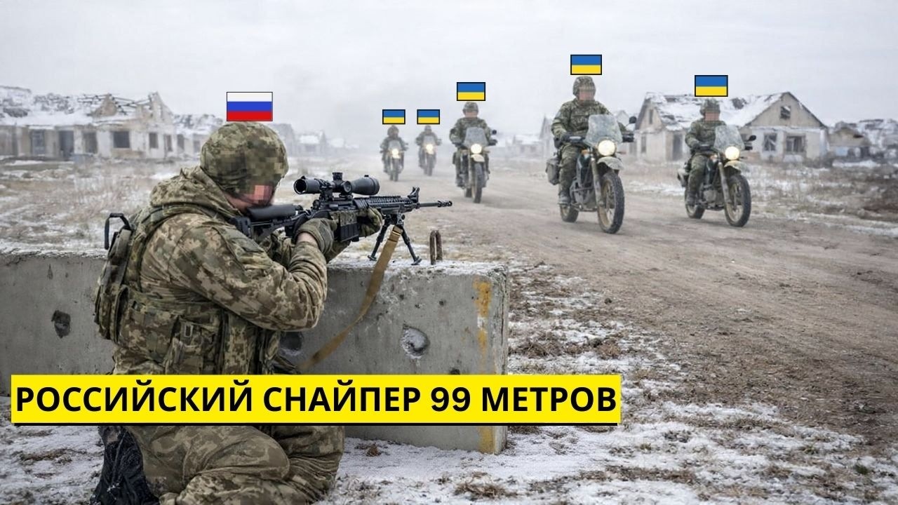 Российский снайпер на расстоянии 99 метров с украинскими войсками.
