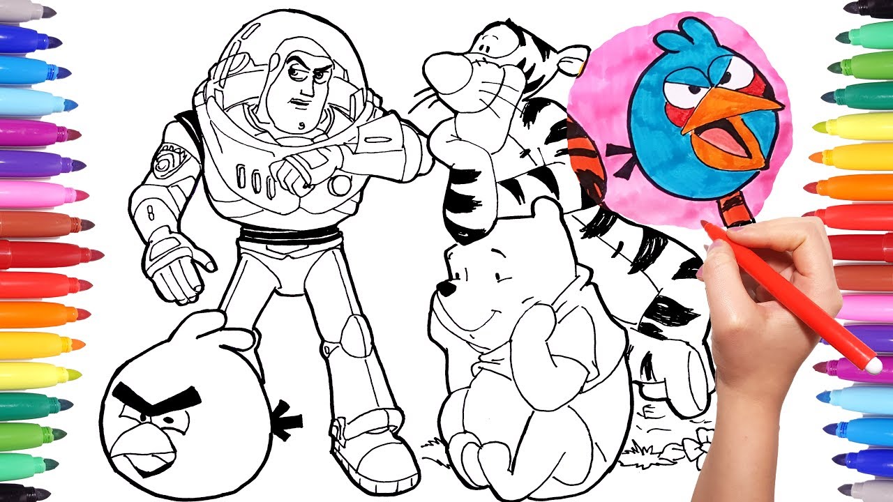 Cartoon Characters Coloring Book Page 3: Buzz Lightyear Winnie Pooh Angry Birds