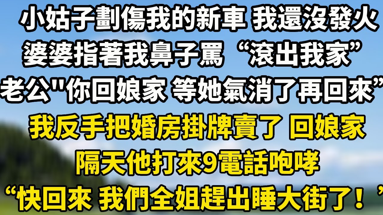 小姑子劃傷我的新車 我還沒發火，婆婆指著我鼻子罵“滾出我家”，老公“你回娘家 等她氣消了再回來”我反手把婚房掛牌賣了 回娘家，隔天他打來9電話咆哮“快回來 我們全姐趕出睡大街了！”#小說聽書 #情感