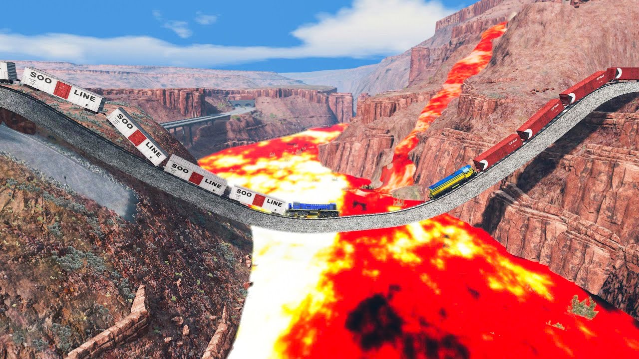 Train vs Giant U Track Lava Crashes - Train vs Cars & Rails | BeamNG.Drive
