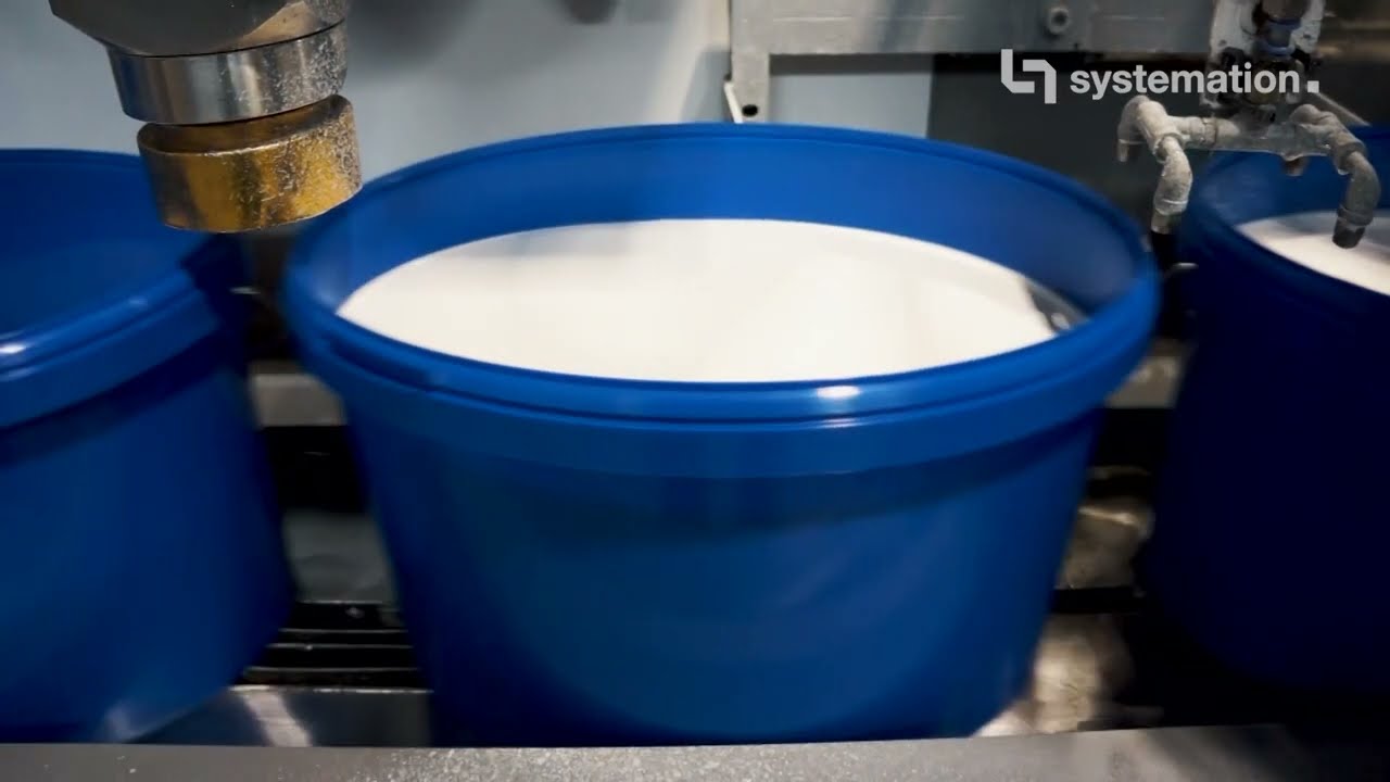 Systemation. Palettierroboter f&uuml;r Eimer / Gebinde (Robotic Palletizing of buckets / pails)