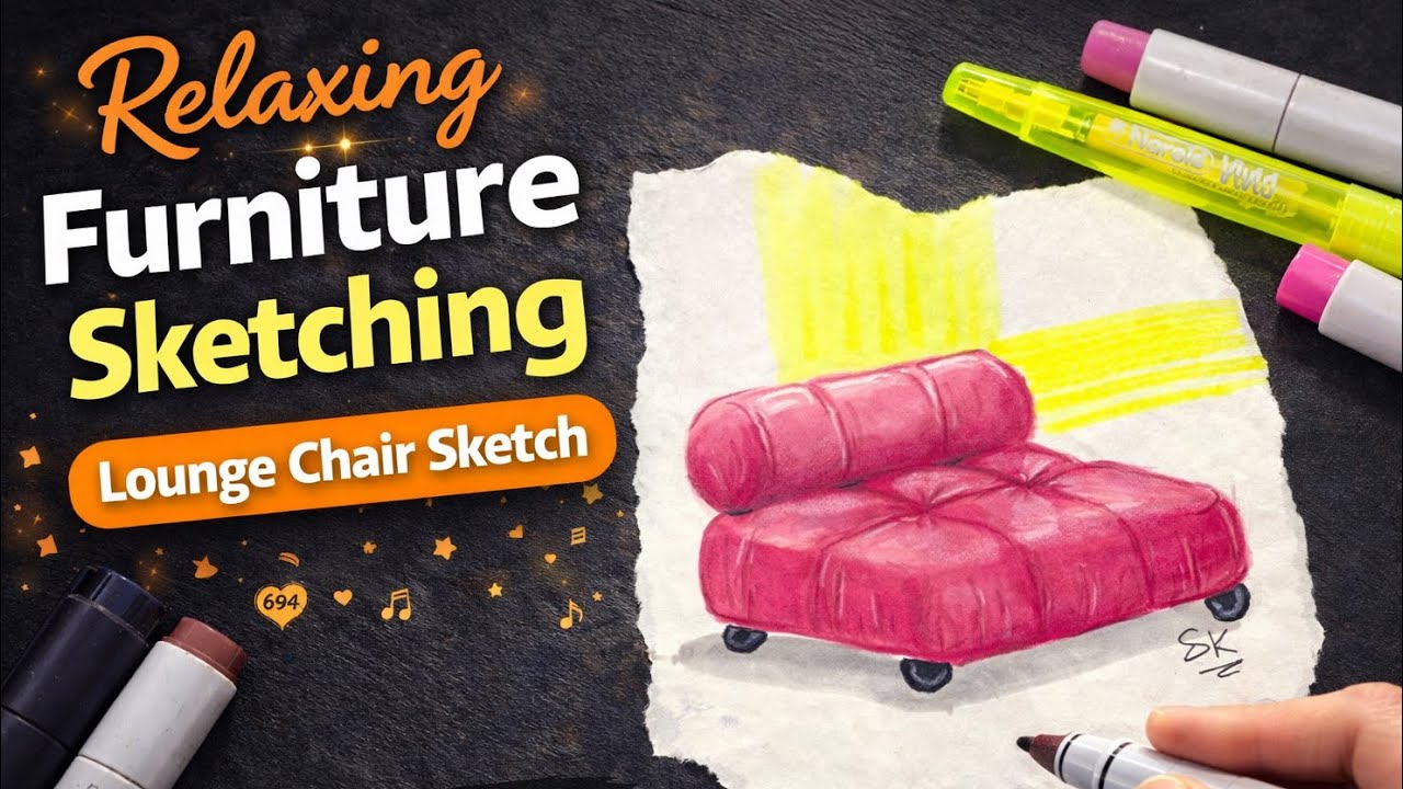 Relaxing Lounge Chair Sketch | Pen & Marker | No Talking | Aesthetic Relaxing Furniture Drawing 