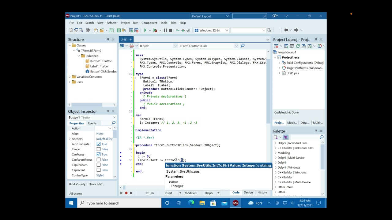 4K Learning to program Delphi Tutorial 2 - Variables - Pascal - Rad Studio 11