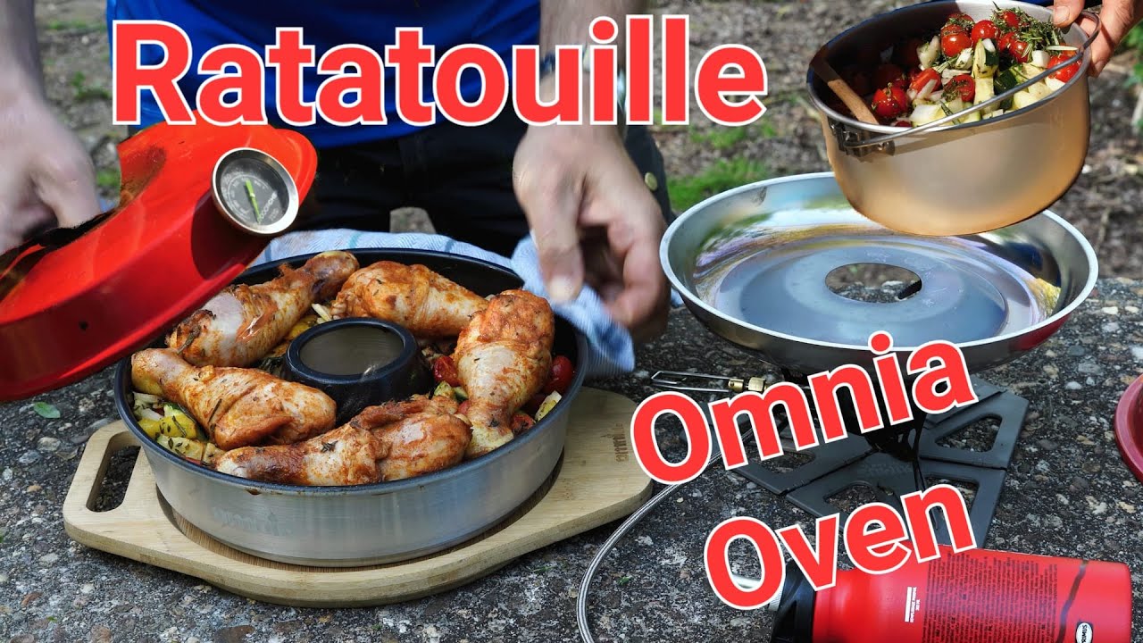 Omnia oven: Ratatouille: chickenlegs, Primus Omnia lite Ti, Trangia 2,5l Non-stick cooking camping