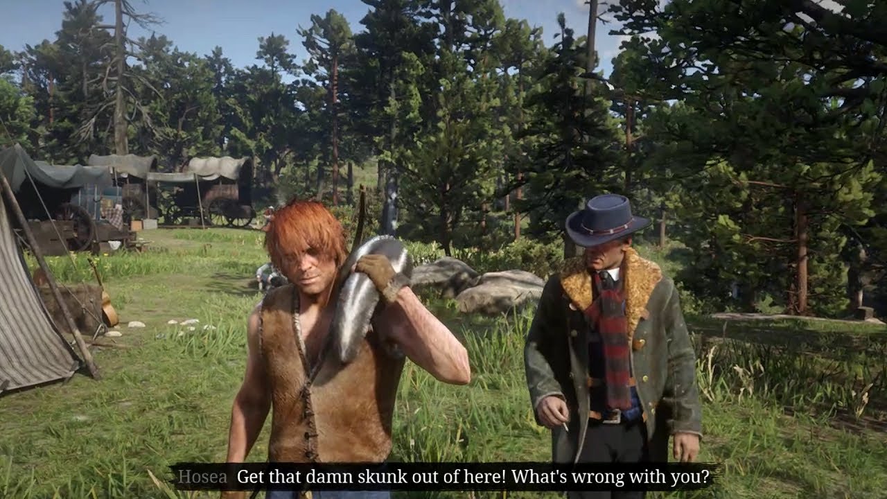 Артур троллит банду, принеся в лагерь дохлого скунса | RDR2
