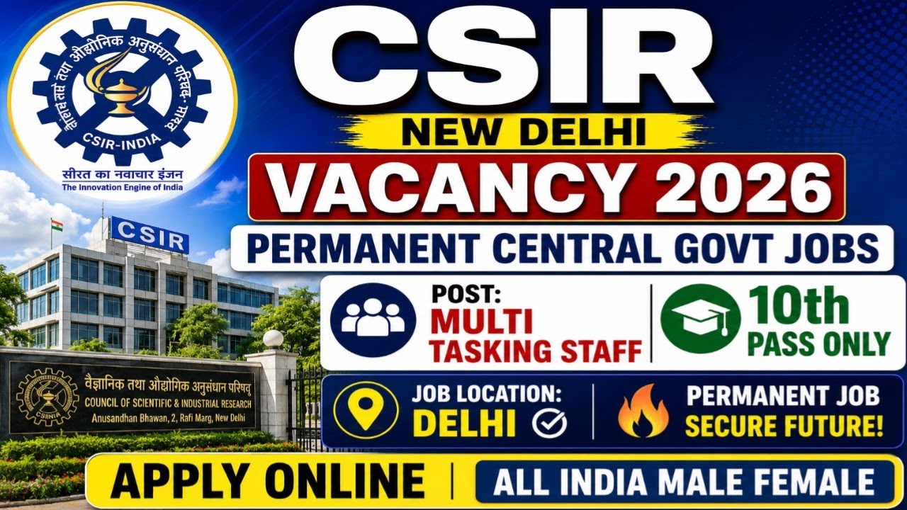 🚨CSIR New Delhi MTS Vacancy 2026 👉10th Pass Only| Permanent Posts 🔥 All India Candidates Eligible