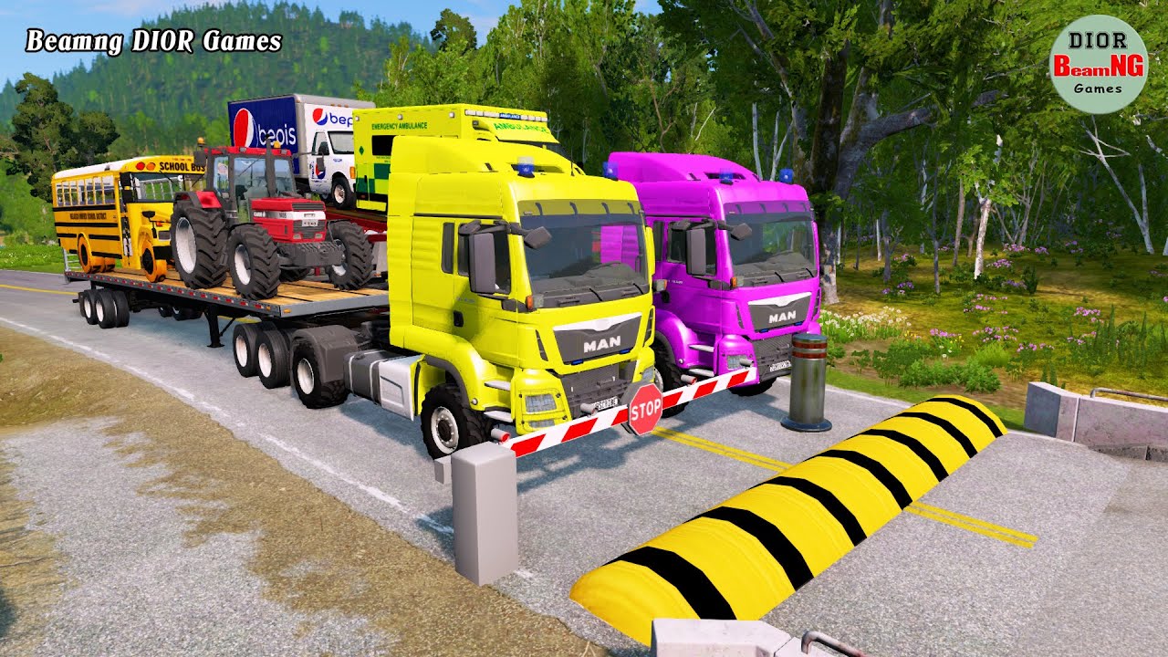 Double Flatbed Trailer Truck cars vs rails tractor vs train cars vs bollards Beamng Drive 432